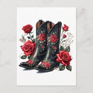 Black Cowboy Boots With Red Roses Briefkaart