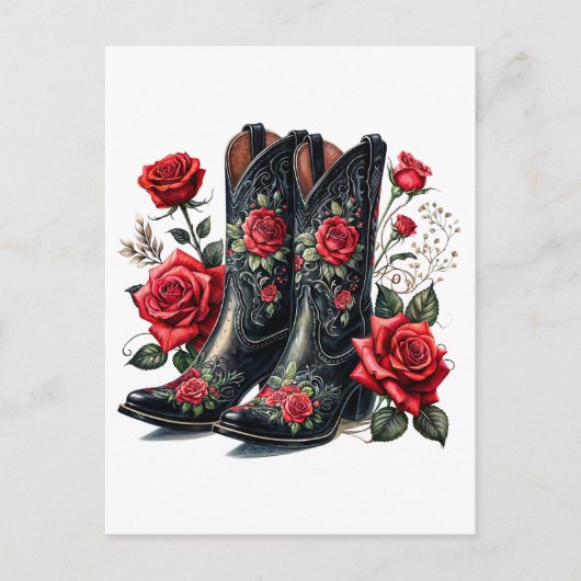 Black Cowboy Boots With Red Roses Briefkaart (Voorkant)