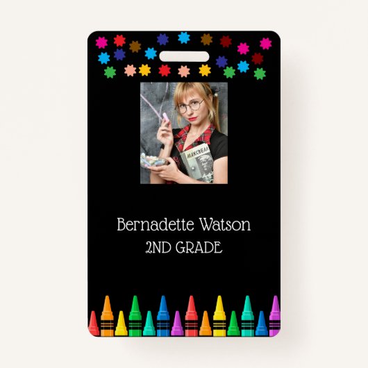 Black Crayons & Stars Kleurrijke School Leraar Badge (Voorkant)