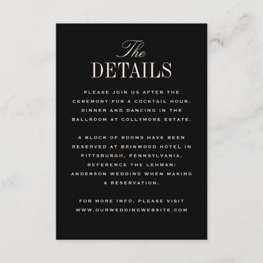 Black Cream Classic Elegance Wedding Details Informatiekaartje (Voorkant)