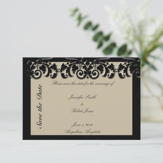 Black Cream Floral reliëf bruiloft Save the Date (Staand voorkant)