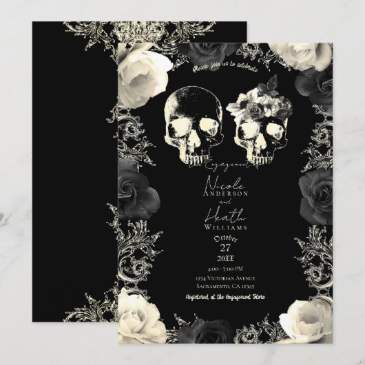 Black Cream Grey Skeleton Skull Engagement Party Kaart (Voorkant / Achterkant)