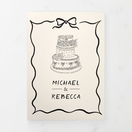 Black Cream Hand Drawn Bow QR Code Photo Wedding Drieluik Uitnodiging (Cover)