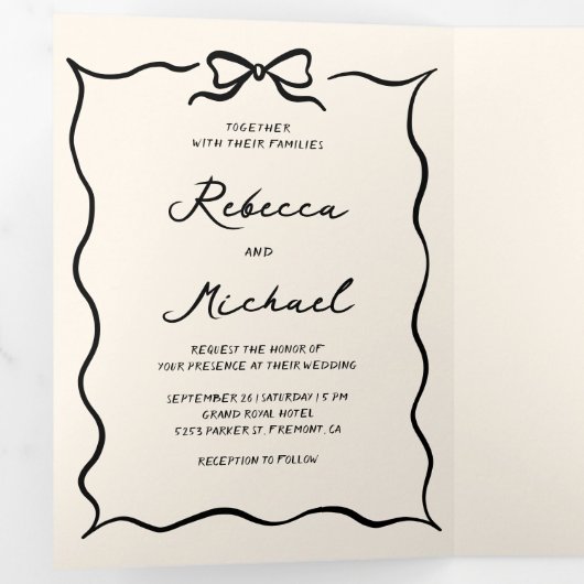Black Cream Hand Drawn Bow QR Code Photo Wedding Drieluik Uitnodiging (Binnenzijde eerst)