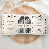 Black Cream Hand Drawn Bow QR Code Photo Wedding Drieluik Uitnodiging