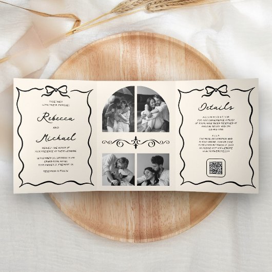Black Cream Hand Drawn Bow QR Code Photo Wedding Drieluik Uitnodiging