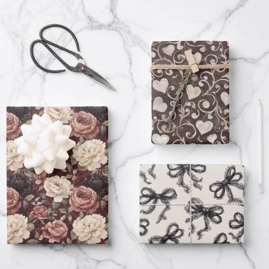 Black Cream Hearts Flowers Bows Birthday Inpakpapier Vel (Voorkant)