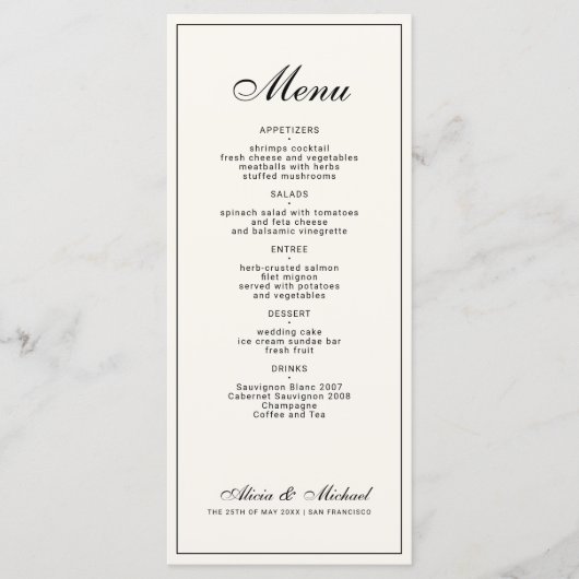 Black cream ivory elegant classic wedding menu (Voorkant)