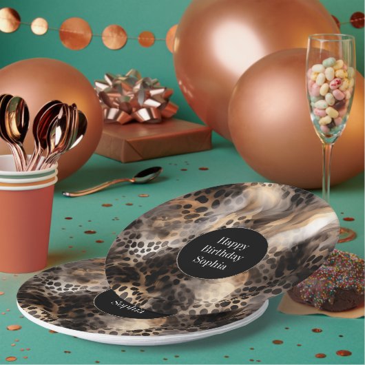 Black Cream Leopard Animal Birthday Papieren Bordje (Multi)