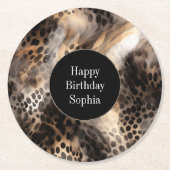 Black Cream Leopard Animal Birthday Ronde Kartonnen Onderzetter (Voorkant)