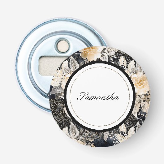 Black Cream Leopard Animal Floral Button Flesopener (Voorkant)