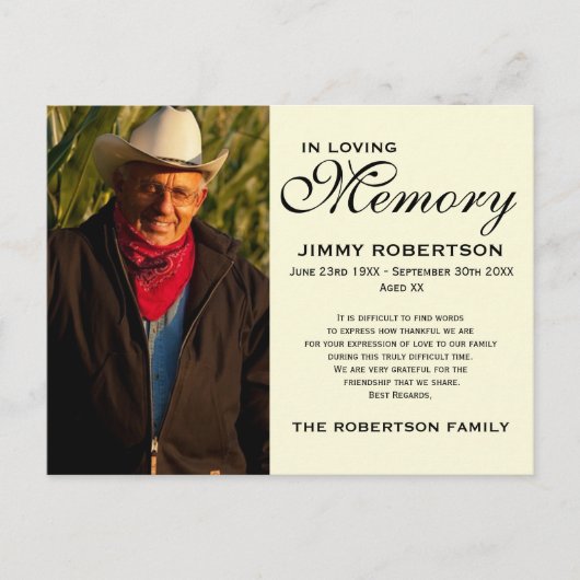 Black & Cream Memorial Family Acknowledding Briefkaart (Voorkant)