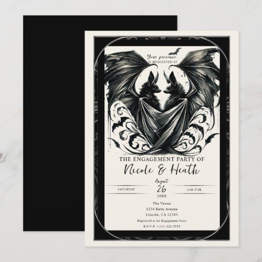 Black Cream Silver Gothic Love Bats Verloving Kaart (Voorkant / Achterkant)