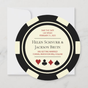 Black Cream Vegas Wedding Save the Date Poker Chip Kaart