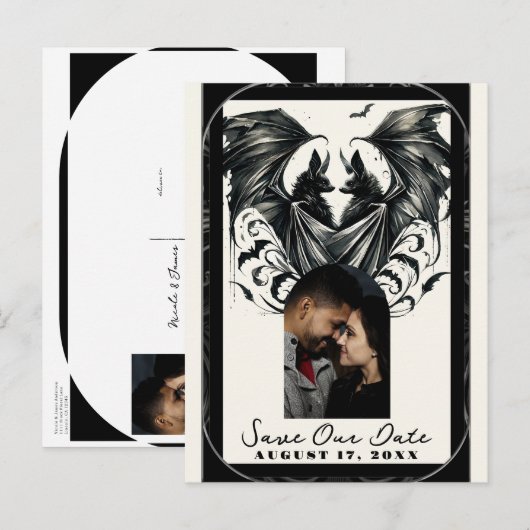 Black Cream Zilver Gothic Love Bats Save the Date Aankondigingskaart (Voorkant / Achterkant)