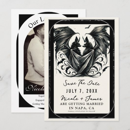 Black Cream Zilver Gothic Love Bats Save the Date Kaart (Voorkant / Achterkant)