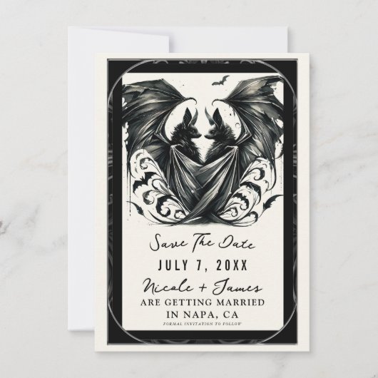 Black Cream Zilver Gothic Love Bats Save the Date Kaart (Voorkant)