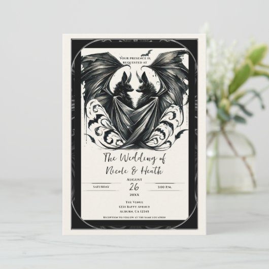 Black Cream Zilver Gothic Love Bats Wedding Kaart (Staand voorkant)