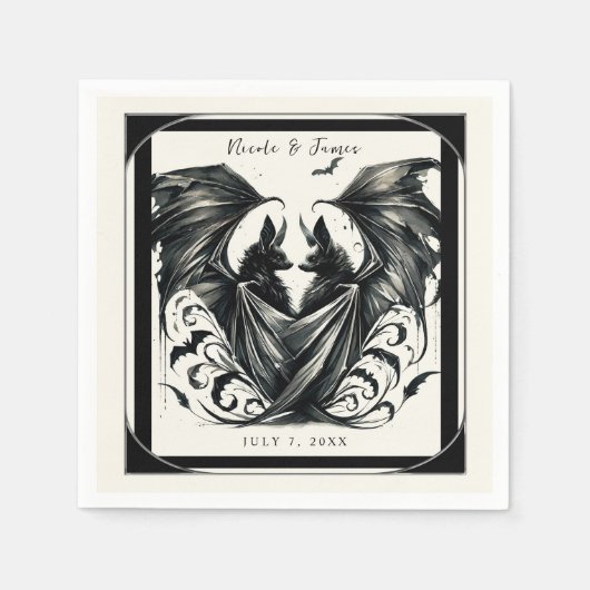Black Cream Zilver Gothic Love Bats Wedding Servet (Voorkant)