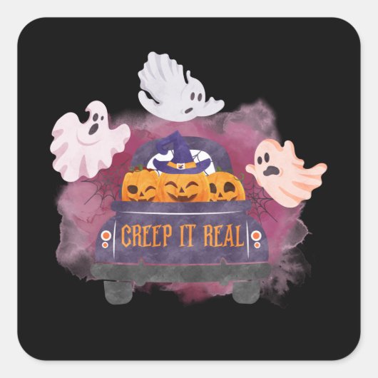 Black Creep Real Pumpkin Ghost Halloween Vierkante Sticker (Voorkant)