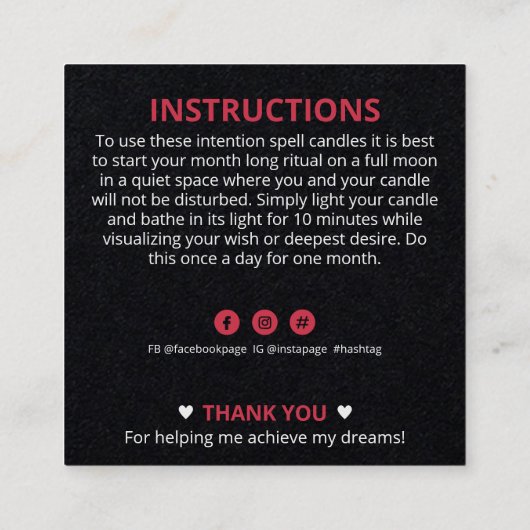 Black Crescent Moon Crystal Candle Inention Spell Vierkante Visitekaartje (Achterkant)