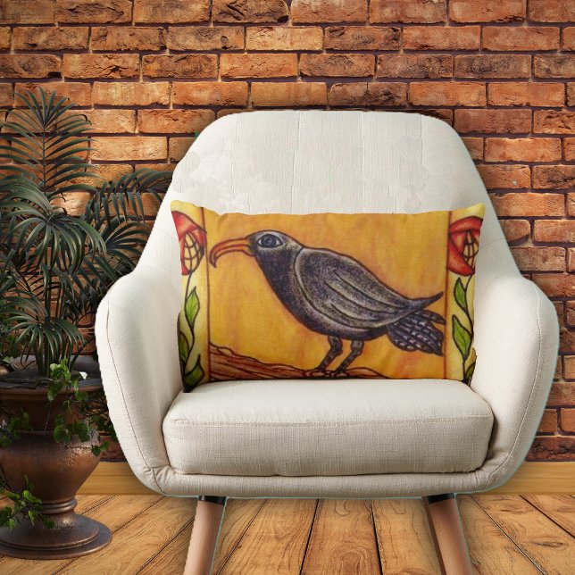 Black Crow Art Deco Rozen Folk Art Kussen (Black crow red flowers on stems on golden yellow home decor pillow.)