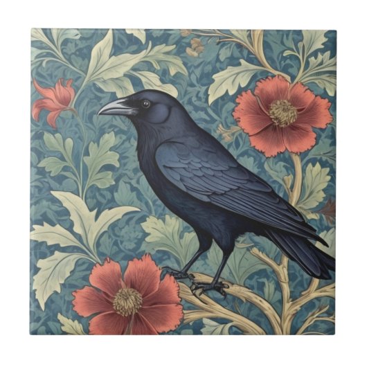 Black Crow Bird William Morris stijl Links tegenov Tegeltje (Voorkant)
