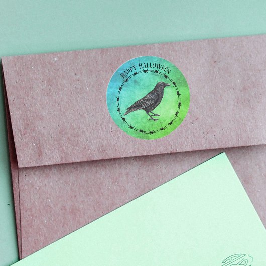 Black Crow Circle Black Barbed Wire Blue Green Ronde Sticker