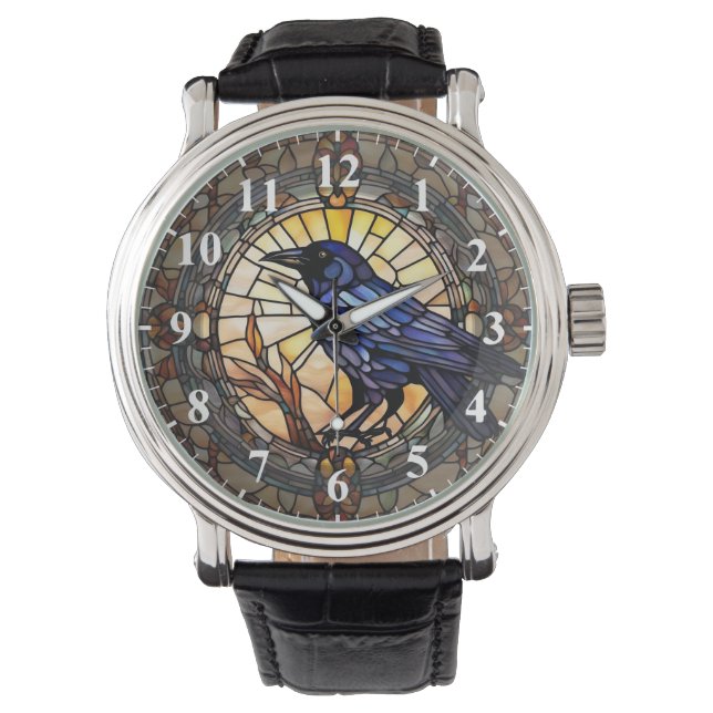 Black Crow Glas in lood Vogelklok Horloge (Voorkant)