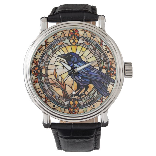 Black Crow Glas in lood Vogelklok Horloge (Voorkant)