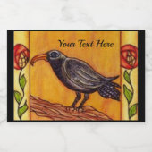 Black Crow on Branch Two Red Yellow Flowers Leaves Voedselcontainer Etiket (Enkel label)