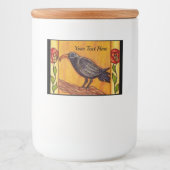 Black Crow on Branch Two Red Yellow Flowers Leaves Voedselcontainer Etiket (Voorkant)