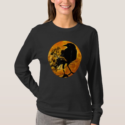 Black Crow Raven Bird & Specter Against Orange Ful T-shirt (Voorkant)