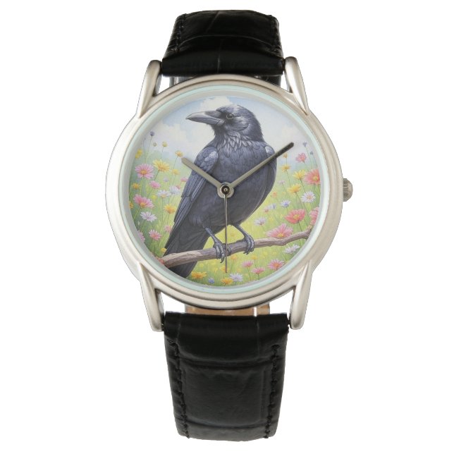 Black Crow Raven Floral Horloge (Voorkant)