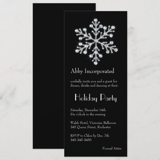 Black Crystal Snowflake Holiday Invitation (corp) Kaart (Voorkant / Achterkant)