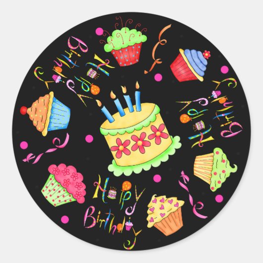 Black Cupcakes en Cake Happy Birthday Ronde Sticker (Voorkant)