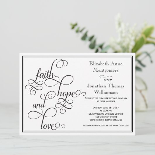 Black Curly Script Faith Hope & Love Wedding Kaart (Staand voorkant)