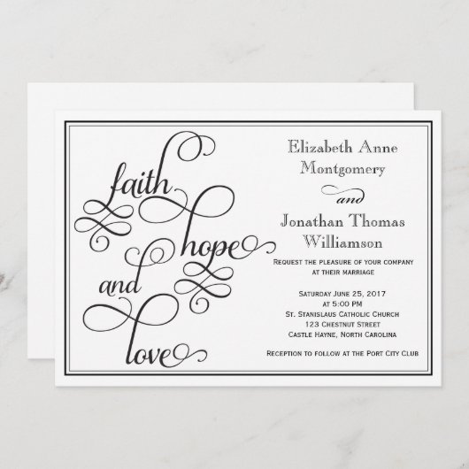 Black Curly Script Faith Hope & Love Wedding Kaart (Voorkant / Achterkant)