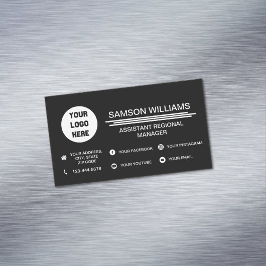Black Custom Logo minimalist Social Media Icons Magnetisch Visitekaartje (Voorbeeld)
