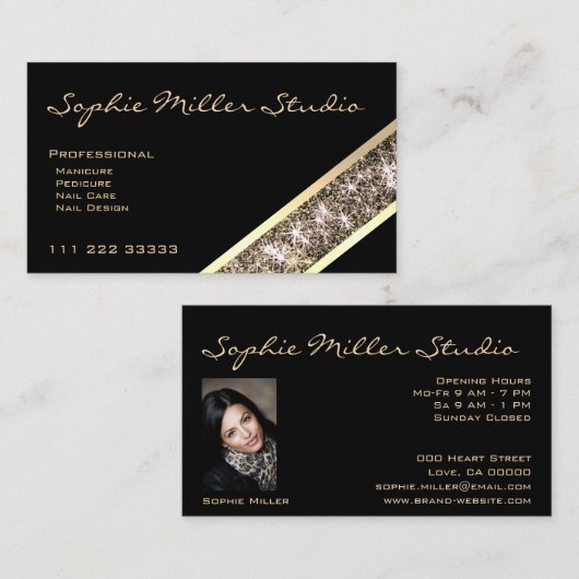 Black Custom Photo of Logo Gold Glitter Cosmetics Visitekaartje (Voorkant / Achterkant)