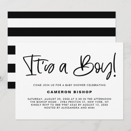 Black Cute Calligraphy Het is een Boy Baby shower Kaart (Voorkant / Achterkant)