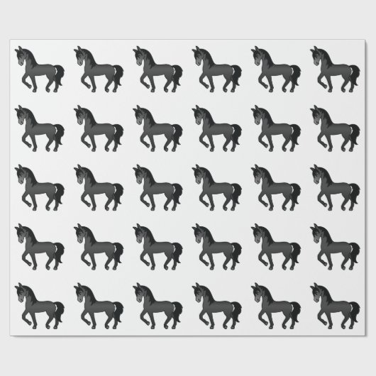 Black Cute Cartoon Trotting Horse Pattern Cadeaupapier (Vlak)