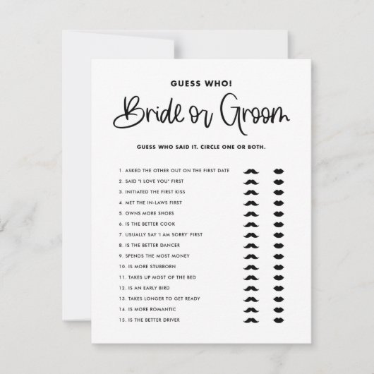 Black Cute Modern Calligraphy Bride of Groom Game Kaart (Voorkant)