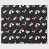 Black Cute Rainbow Unicorn Star Magical Cadeaupapier (Vlak)