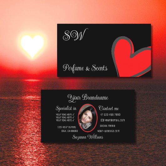 Black Cute Red Heart-afbeelding met monogram en fo Visitekaartje
