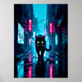 Black Cyberpunk Cat In Neon Rainy City Poster (Voorkant)