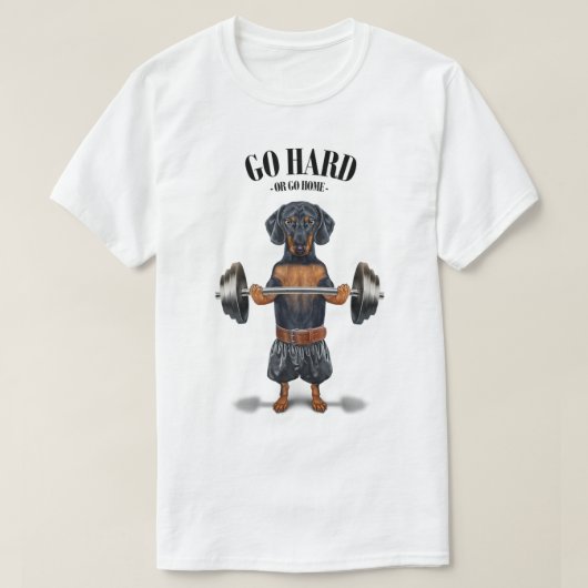 Black Dachshund Dog Muscle Training Weightlifting T-shirt (Design voorkant)