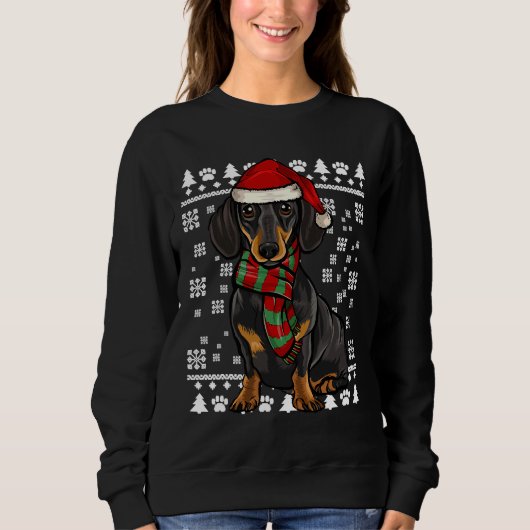 Black Dachshund Dog Santa Hat Xmas Trui (Voorkant)