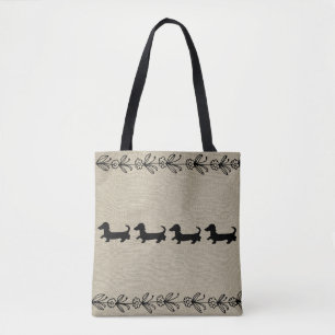 Black Dachshund Silhouette  Floral Tas