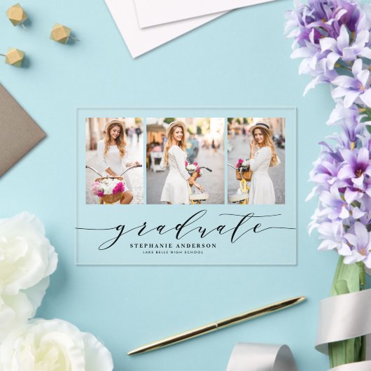 Black Dainty Script Drie Foto Afstuderen Acryl Uitnodigingen (Insitu (Huwelijk))